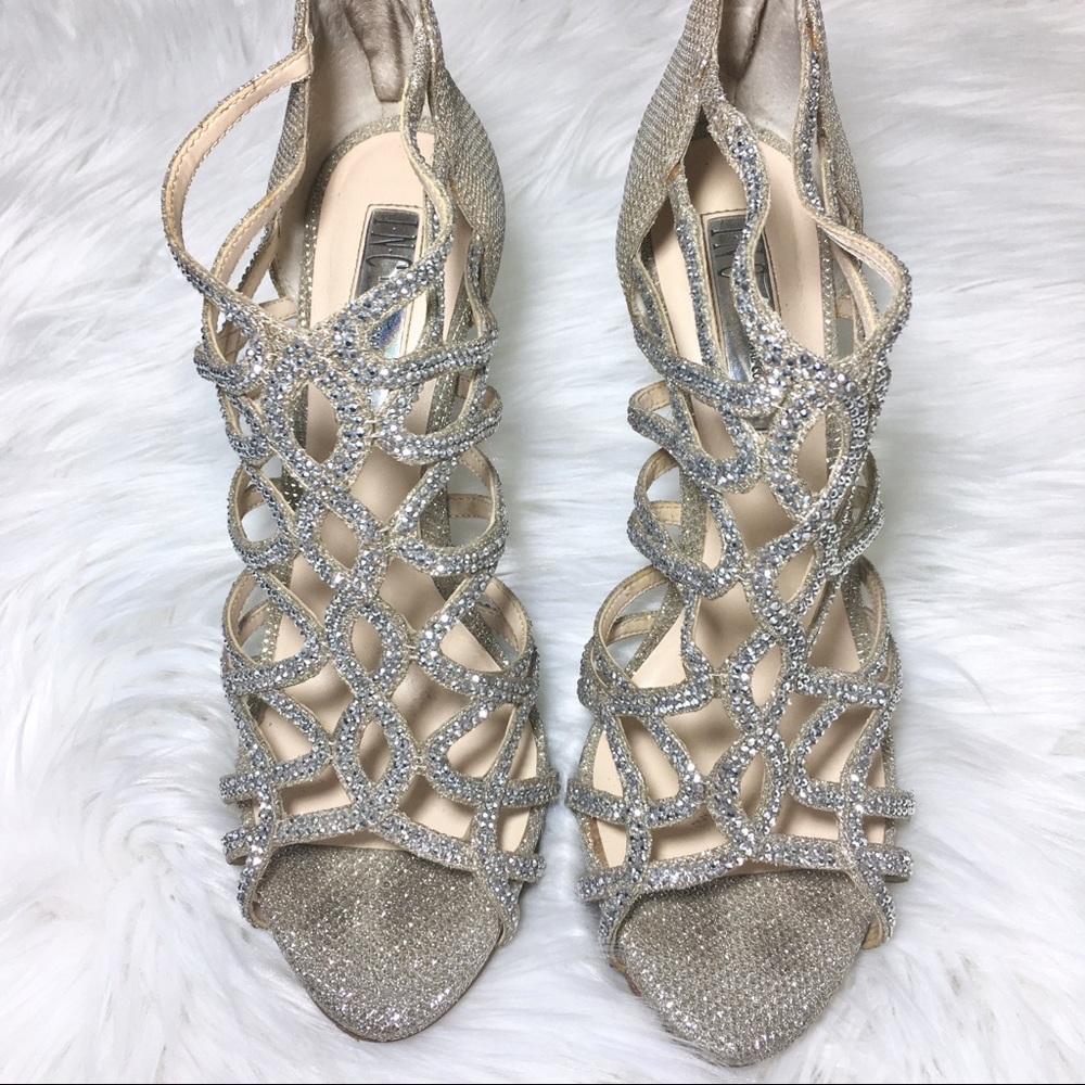 Macy’s Rhinestone Caged Silver Heels - Picture 3 of 6